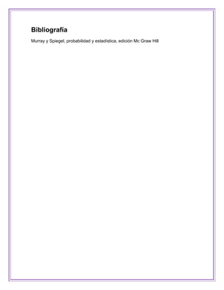 Bibliografía
Murray y Spiegel, probabilidad y estadística, edición Mc Graw Hill
 