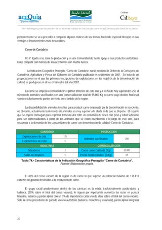 Colabora:




     Plan estratégico para la creación de un lábel de calidad en vacuno de carne en la Comarca del Litoral de la Janda


posteriormente se va a proceder a comparar algunos matices de las demás, haciendo especial hincapié en sus
ventajas e inconvenientes más destacables:

       Carne de Cantabria

      I.G.P. ligada a su zona de producción y en una Comunidad de fuerte apoyo a sus productos autóctonos.
Debe competir con marcas de áreas próximas con mucha fuerza.

         La Indicación Geográfica Protegida “Carne de Cantabria” nació mediante la Orden de la Consejería de
Ganadería, Agricultura y Pesca del Gobierno de Cantabria publicada en septiembre de 2001. Se trata de un
proyecto joven en el que las primeras inscripciones de explotaciones en los registros de la denominación de
calidad se produjeron en el tercer trimestre del año 2002.

       La carne se empezó a comercializar el primer trimestre de este año y a fecha de hoy superan los 250 el
número de animales sacrificados con una comercialización total de 55.000 Kg de carne cuyo destino final está
siendo exclusivamente puntos de venta en el ámbito de la región.

       La disponibilidad de animales inscritos para producir carne amparada por la denominación es creciente,
no obstante, actualmente la demanda de animales es muy superior a la oferta de la que se dispone. El repunte
que se espera conseguir para el primer trimestre del 2005 en el número de reses con peso y edad suficiente
para ser comercializados a partir de los animales que se están inscribiendo a lo largo de este año, dará
respuesta a la demanda de los consumidores de carne con denominación de calidad “Carne de Cantabria”.


                       GANADERÍA                                                  PRODUCCIÓN
     Explotaciones de cría                   125
                                                                 Animales sacrificados                    250
     Explotaciones de cebo                    5
                       INDUSTRIAS                                             COMERCIALIZACIÓN
           Mataderos                          3                Carne comercializada (Kg)                55.000
       Salas de despiece                      5              Precio medio canales (€/Kg)                  3,9

     Tabla 74.- Características de la Indicación Geográfica Protegida “Carne de Cantabria”.
                                    Fuente: Elaboración propia.



      El 40% del censo vacuno de la región es de carne lo que supone un potencial máximo de 136.418
cabezas de ganado destinadas a la producción de carne.

       El grupo racial predominante dentro de las cárnicas es la mixta, tradicionalmente pardo-alpina y
tudanca, (30% sobre el total del censo vacuno), le siguen por importancia numérica las razas en pureza
limusina, tudanca y pardo alpina con un 3% de importancia cada una de ellas sobre el total del censo vacuno.
Sólo la carne procedente de ganado vacuno autóctono (tudanca, monchina y asturiana), parda alpina integrada




20
 