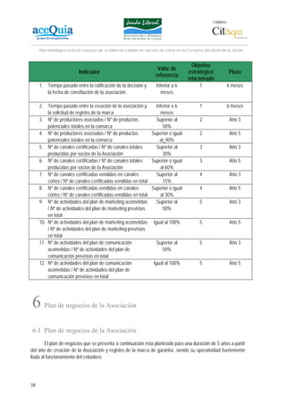 Colabora:




     Plan estratégico para la creación de un lábel de calidad en vacuno de carne en la Comarca del Litoral de la Janda



                                                                                         Objetivo
                                                                      Valor de
                          Indicador                                                    estratégico               Plazo
                                                                     referencia
                                                                                       relacionado
     1. Tiempo pasado entre la ratificación de la decisión y          Inferior a 6            1              6 meses
        la fecha de constitución de la asociación.                      meses

     2. Tiempo pasado entre la creación de la asociación y        Inferior a 6                1              6 meses
         la solicitud de registro de la marca                       meses
     3. Nº de productores asociados / Nº de productos             Superior al                 2                  Año 3
         potenciales totales en la comarca                            50%
     4. Nº de productores asociados / Nº de productos          Superior o igual               2                  Año 5
         potenciales totales en la comarca                          al 90%
     5. Nº de canales certificadas / Nº de canales totales        Superior al                 3                  Año 3
         producidas por socios de la Asociación                       30%
     6. Nº de canales certificadas / Nº de canales totales     Superior o igual               3                  Año 5
         producidas por socios de la Asociación                     al 60%
     7. Nº de canales certificadas vendidas en canales            Superior al                 4                  Año 3
         cortos / Nº de canales certificadas vendidas en total        15%
     8. Nº de canales certificadas vendidas en canales         Superior o igual               4                  Año 5
         cortos / Nº de canales certificadas vendidas en total      al 30%
     9. Nº de actividades del plan de marketing acometidas        Superior al                 5                  Año 3
         / Nº de actividades del plan de marketing previstas          50%
         en total
     10. Nº de actividades del plan de marketing acometidas Igual al 100%                     5                  Año 5
         / Nº de actividades del plan de marketing previstas
         en total
     11. Nº de actividades del plan de comunicación               Superior al                 5                  Año 3
         acometidas / Nº de actividades del plan de                   50%
         comunicación previstas en total
     12. Nº de actividades del plan de comunicación             Igual al 100%                 5                  Año 5
         acometidas / Nº de actividades del plan de
         comunicación previstas en total




6      Plan de negocios de la Asociación


6.1 Plan de negocios de la Asociación
        El plan de negocios que se presenta a continuación esta planteado para una duración de 5 años a partir
del año de creación de la Asociación y registro de la marca de garantía, siendo su operatividad fuertemente
liada al funcionamiento del cebadero.




38
 