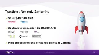 Confidential
Traction after only 2 months
a32 deals in discussion $200,000 ARR
a$0 a $40,000 ARR
aPilot project with one of the top banks in Canada
4/14
 