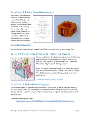 Days 2 and 3: Build a four-sided structure
Students are given a piece of
foamcore for a base and set
of guidelines. They choose
their brick color and start
working. The guidelines place
constraints on the building
size to ensure there are
enough bricks for everyone.
Other guidelines include a
projection, windows and
doors so structures have a
baseline level of complexity.
Download building guidelines
Students hand in their buildings. They will take 360 photographs of the structures next class.
Day 4: Thinking in three dimensions — Isometric drawing
This is an exploration day. Students are given isometric drawing
paper and asked to create free form drawings based oﬀ of a
cube unit. They are asked to identify an X,Y and Z plane and
diﬀerentiate the planes with shading or color.
During this period students also take turns photographing their
work.. I upload the photos into a master class folder in Google
Drive. Builders will compare the ﬁnal peer-built piece to the
photographs.
Example: Elizabeth's building- 360 view.
Days 5 and 6: Make the building plan
Students have access to standard quad and isometric graph paper as well as mechanical pencils,
ﬁne point graphics pens and colored pencils to represent their building. I supply an architectural
drawing reference page that can guide them in representing ﬂoor plans, elevations, sections, and
isometric views.
Printable isometric graph paper: 
https://docs.google.com/ﬁle/d/0B9ac7pP-TB5eamg3bVJ6d0RNRlU/edit?usp=sharing
Meaningful Making: Projects and Inspirations for FabLabs and Makerspaces Page 92
 