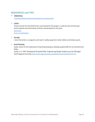 RESOURCES and TIPS
‣ Slideshow 
Showing diﬀerent ways building plans are represented
‣ LEGOs 
These are links for the LEGO bricks I purchased for this project. I used one box of bricks per
three students and three boxes of doors and windows for the class.  
Just bricks 
Doors and Windows
‣ Storage 
I store the bricks in a large bin and stash it safely away from other LEGOs and robotics parts.
‣ Good Reading 
Super article on the importance of teaching drawing to develop spatial skills for art and technical
ﬁelds: 
Sorby, S. A. 1999. Developing 3D Spatial Skills. Engineering Design Graphics Journal, Michigan
Technological University http://www.edgj.org/index.php/EDGJ/article/viewFile/126/122.
Meaningful Making: Projects and Inspirations for FabLabs and Makerspaces Page 94
 