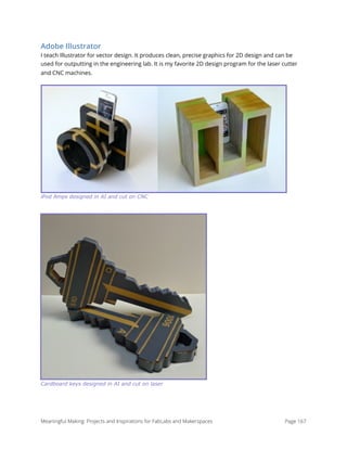 Adobe Illustrator
I teach Illustrator for vector design. It produces clean, precise graphics for 2D design and can be
used for outputting in the engineering lab. It is my favorite 2D design program for the laser cutter
and CNC machines. 
iPod Amps designed in AI and cut on CNC
Cardboard keys designed in AI and cut on laser
Meaningful Making: Projects and Inspirations for FabLabs and Makerspaces Page 167
 