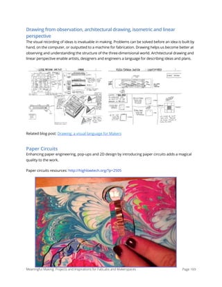 Drawing from observation, architectural drawing, isometric and linear
perspective
The visual recording of ideas is invaluable in making. Problems can be solved before an idea is built by
hand, on the computer, or outputted to a machine for fabrication. Drawing helps us become better at
observing and understanding the structure of the three-dimensional world. Architectural drawing and
linear perspective enable artists, designers and engineers a language for describing ideas and plans.
Related blog post: Drawing: a visual language for Makers
Paper Circuits
Enhancing paper engineering, pop-ups and 2D design by introducing paper circuits adds a magical
quality to the work.
Paper circuits resources: http://highlowtech.org/?p=2505
Meaningful Making: Projects and Inspirations for FabLabs and Makerspaces Page 169
 