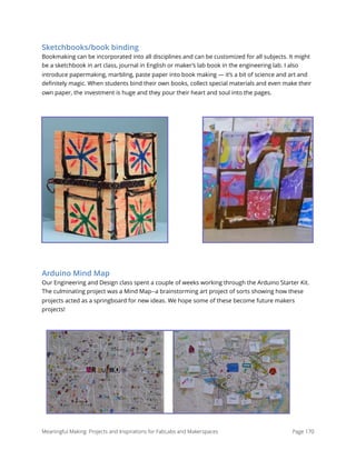 Sketchbooks/book binding
Bookmaking can be incorporated into all disciplines and can be customized for all subjects. It might
be a sketchbook in art class, journal in English or maker’s lab book in the engineering lab. I also
introduce papermaking, marbling, paste paper into book making — it’s a bit of science and art and
deﬁnitely magic. When students bind their own books, collect special materials and even make their
own paper, the investment is huge and they pour their heart and soul into the pages.
Arduino Mind Map
Our Engineering and Design class spent a couple of weeks working through the Arduino Starter Kit.
The culminating project was a Mind Map--a brainstorming art project of sorts showing how these
projects acted as a springboard for new ideas. We hope some of these become future makers
projects!
Meaningful Making: Projects and Inspirations for FabLabs and Makerspaces Page 170
 