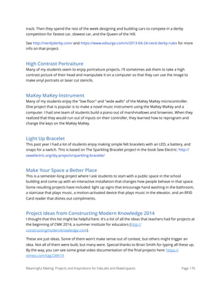 track. Then they spend the rest of the week designing and building cars to compete in a derby
competition for fastest car, slowest car, and the Queen of the Hill.
See http://nerdyderby.com/ and https://www.edsurge.com/n/2013-04-24-nerd-derby-rules for more
info on that project.
High Contrast Portraiture
Many of my students seem to enjoy portraiture projects. I'll sometimes ask them to take a high
contrast picture of their head and manipulate it on a computer so that they can use the image to
make vinyl portraits or laser cut stencils.
MaKey MaKey Instrument
Many of my students enjoy the "low ﬂoor" and "wide walls" of the MaKey MaKey microcontroller.
One project that is popular is to make a novel music instrument using the MaKey MaKey and a
computer. I had one team of students build a piano out of marshmallows and brownies. When they
realized that they would run out of inputs on their controller, they learned how to reprogram and
change the keys on the MaKey MaKey. 
Light Up Bracelet
This past year I had a lot of students enjoy making simple felt bracelets with an LED, a battery, and
snaps for a switch. This is based on The Sparkling Bracelet project in the book Sew Electric: http://
sewelectric.org/diy-projects/sparkling-bracelet/
Make Your Space a Better Place
This is a semester-long project where I ask students to start with a public space in the school
building and come up with an interactive installation that changes how people behave in that space.
Some resulting projects have included: light up signs that encourage hand washing in the bathroom,
a staircase that plays music, a motion-activated device that plays music in the elevator, and an RFID
Card reader that dishes out compliments.
Project ideas from Constructing Modern Knowledge 2014
I thought that this list might be helpful here. It's a list of all the ideas that teachers had for projects at
the beginning of CMK 2014, a summer institute for educators (http://
constructingmodernknowledge.com).
These are just ideas. Some of them won't make sense out of context, but others might trigger an
idea. Not all of them were built, but many were. Special thanks to Brian Smith for typing all these up.
By the way, you can see some great video documentation of the ﬁnal projects here: https://
vimeo.com/tag:CMK14
Meaningful Making: Projects and Inspirations for FabLabs and Makerspaces Page 179
 