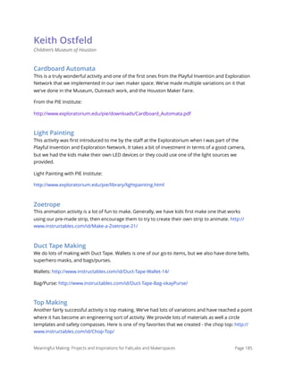 Keith Ostfeld
Children’s Museum of Houston
Cardboard Automata
This is a truly wonderful activity and one of the ﬁrst ones from the Playful Invention and Exploration
Network that we implemented in our own maker space. We've made multiple variations on it that
we've done in the Museum, Outreach work, and the Houston Maker Faire.
From the PIE Institute: 
http://www.exploratorium.edu/pie/downloads/Cardboard_Automata.pdf
Light Painting
This activity was ﬁrst introduced to me by the staﬀ at the Exploratorium when I was part of the
Playful Invention and Exploration Network. It takes a bit of investment in terms of a good camera,
but we had the kids make their own LED devices or they could use one of the light sources we
provided.
Light Painting with PIE Institute:
http://www.exploratorium.edu/pie/library/lightpainting.html
Zoetrope
This animation activity is a lot of fun to make. Generally, we have kids ﬁrst make one that works
using our pre-made strip, then encourage them to try to create their own strip to animate. http://
www.instructables.com/id/Make-a-Zoetrope-21/
Duct Tape Making
We do lots of making with Duct Tape. Wallets is one of our go-to items, but we also have done belts,
superhero masks, and bags/purses.
Wallets: http://www.instructables.com/id/Duct-Tape-Wallet-14/
Bag/Purse: http://www.instructables.com/id/Duct-Tape-Bag-okayPurse/
Top Making
Another fairly successful activity is top making. We've had lots of variations and have reached a point
where it has become an engineering sort of activity. We provide lots of materials as well a circle
templates and safety compasses. Here is one of my favorites that we created - the chop top: http://
www.instructables.com/id/Chop-Top/
Meaningful Making: Projects and Inspirations for FabLabs and Makerspaces Page 185
 