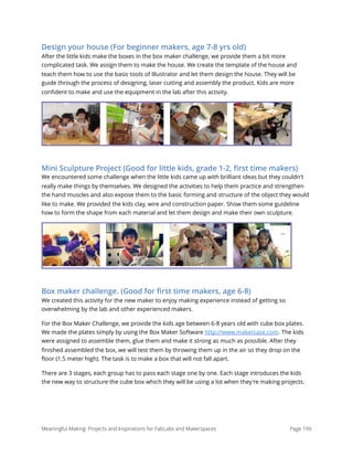 Design your house (For beginner makers, age 7-8 yrs old)
After the little kids make the boxes in the box maker challenge, we provide them a bit more
complicated task. We assign them to make the house. We create the template of the house and
teach them how to use the basic tools of Illustrator and let them design the house. They will be
guide through the process of designing, laser cutting and assembly the product. Kids are more
conﬁdent to make and use the equipment in the lab after this activity.
Mini Sculpture Project (Good for little kids, grade 1-2, ﬁrst time makers)
We encountered some challenge when the little kids came up with brilliant ideas but they couldn't
really make things by themselves. We designed the activities to help them practice and strengthen
the hand muscles and also expose them to the basic forming and structure of the object they would
like to make. We provided the kids clay, wire and construction paper. Show them some guideline
how to form the shape from each material and let them design and make their own sculpture.
Box maker challenge. (Good for ﬁrst time makers, age 6-8)
We created this activity for the new maker to enjoy making experience instead of getting so
overwhelming by the lab and other experienced makers.
For the Box Maker Challenge, we provide the kids age between 6-8 years old with cube box plates.
We made the plates simply by using the Box Maker Software http://www.makercase.com. The kids
were assigned to assemble them, glue them and make it strong as much as possible. After they
ﬁnished assembled the box, we will test them by throwing them up in the air so they drop on the
ﬂoor (1.5 meter high). The task is to make a box that will not fall apart.
There are 3 stages, each group has to pass each stage one by one. Each stage introduces the kids
the new way to structure the cube box which they will be using a lot when they're making projects.
Meaningful Making: Projects and Inspirations for FabLabs and Makerspaces Page 199
 