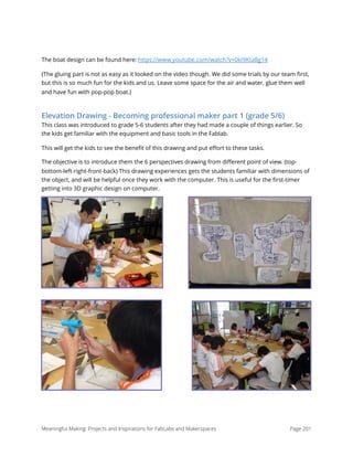 The boat design can be found here: https://www.youtube.com/watch?v=0ki9Kta8g14
(The gluing part is not as easy as it looked on the video though. We did some trials by our team ﬁrst,
but this is so much fun for the kids and us. Leave some space for the air and water, glue them well
and have fun with pop-pop boat.)
Elevation Drawing - Becoming professional maker part 1 (grade 5/6)
This class was introduced to grade 5-6 students after they had made a couple of things earlier. So
the kids get familiar with the equipment and basic tools in the Fablab.
This will get the kids to see the beneﬁt of this drawing and put eﬀort to these tasks.
The objective is to introduce them the 6 perspectives drawing from diﬀerent point of view. (top-
bottom-left-right-front-back) This drawing experiences gets the students familiar with dimensions of
the object, and will be helpful once they work with the computer. This is useful for the ﬁrst-timer
getting into 3D graphic design on computer.
Meaningful Making: Projects and Inspirations for FabLabs and Makerspaces Page 201
 