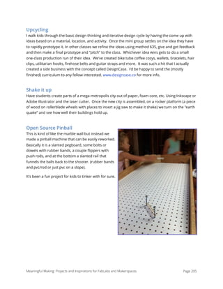 Upcycling
I walk kids through the basic design thinking and iterative design cycle by having the come up with
ideas based on a material, location, and activity.  Once the mini group settles on the idea they have
to rapidly prototype it. In other classes we reﬁne the ideas using method 635, give and get feedback
and then make a ﬁnal prototype and "pitch" to the class.  Whichever idea wins gets to do a small
one-class production run of their idea.  We've created bike tube coﬀee cozys, wallets, bracelets, hair
clips, utilitarian hooks, ﬁrehose belts and guitar straps and more.  It was such a hit that I actually
created a side business with the concept called DesignCase.  I'd be happy to send the (mostly
ﬁnished) curriculum to any fellow interested. www.designcase.co for more info.
Shake it up
Have students create parts of a mega-metropolis city out of paper, foam-core, etc. Using Inkscape or
Adobe Illustrator and the laser cutter.  Once the new city is assembled, on a rocker platform (a piece
of wood on rollerblade wheels with places to insert a jig saw to make it shake) we turn on the "earth
quake” and see how well their buildings hold up.
Open Source Pinball
This is kind of like the marble wall but instead we
made a pinball machine that can be easily reworked.
Basically it is a slanted pegboard, some bolts or
dowels with rubber bands, a couple ﬂippers with
push rods, and at the bottom a slanted rail that
funnels the balls back to the shooter. (rubber bands
and pvc/rod or just pvc on a slope).
It's been a fun project for kids to tinker with for sure.
Meaningful Making: Projects and Inspirations for FabLabs and Makerspaces Page 205
 