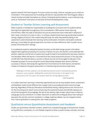 passion towards their learning goal. If success comes too easily, a learner may give up on a task out
of boredom. If the task proves too frustrating, the learner may abandon their learning goal, adopt a
closed mindset and label themselves as a failure. Finding the perfect balance, a term referred to by
some as “funstration” and others as the Zone of Proximal Development, is key.
Student or Teacher Driven Learning and Assessment
When a teacher is handed the responsibility for building the curriculum that his students will be
learning from September through June, this is considered a 100% teacher driven learning
environment. Often this style of education has pre-set assessment tools made well in advance of
their need, in the form of a test or rubric. In contrast, student driven learning would entail students
having a degree of choice in the content they will study, the skills they will be building or the
assessment used to illustrate their learning. Some combination of teacher and student centered
learning is more likely the typical experience, but there are clear diﬀerences seen in public versus
private school education settings.
In a traditional academic setting the teacher functions as the dark orange square in the above
diagram (the cognitive processing of a success or failure). As such, the teacher is entrusted with the
wisdom, expertise and fairness to assess each student’s level of and potential for learning, at least in
one discipline. When the learner is removed from the critical assessment process in this way, they
are left with how they feel about a success or failure, but are not encouraged to take part in the
empowering aspect of constructing the causal relationships between their actions and their
successes or failures. Removing the cognitive from the emotional, for both learner and teacher,
creates an imbalance that gives assessment in a rote learning environment a bad name.
“[Making] is intrinsic, whereas a lot of traditional, formal school is motivated by extrinsic
measures, such as grades. Shifting that control from the teacher or the expert to the
participant to the non-expert, the student, that’s the real big diﬀerence here.”  
- Dale Dougherty
In a maker classroom, learning is inherently experiential and can be very student driven; assessment
and feedback needs to look diﬀerent than a paper test to accurately document and encourage
learning. Regardless of how you feel about standardized testing, making seems to be immune to it
for the time being (one reason some schools skip the assessment piece and still bill making as an
enrichment program). Encouragingly, the lack of any obvious right answers about how to measure
and gauge success and failure in a maker classroom, as well as the ambiguity about how making in
education ﬁts into the common standards or college readiness debate, has not stopped schools
from marching forward in creating their own maker programs.
Qualitative versus Quantitative Assessment and Feedback
Grades are quantitative, discrete numbers, asked to be a standard language of achievement. Grades
are by deﬁnition summative, or a non-ﬂexible snapshot of what a student knows and does not know
Meaningful Making: Projects and Inspirations for FabLabs and Makerspaces Page 33
 