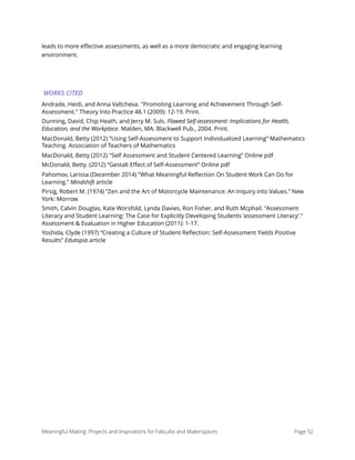 leads to more eﬀective assessments, as well as a more democratic and engaging learning
environment.
WORKS CITED
Andrade, Heidi, and Anna Valtcheva. "Promoting Learning and Achievement Through Self-
Assessment." Theory Into Practice 48.1 (2009): 12-19. Print.
Dunning, David, Chip Heath, and Jerry M. Suls. Flawed Self-assessment: Implications for Health,
Education, and the Workplace. Malden, MA: Blackwell Pub., 2004. Print.
MacDonald, Betty (2012) “Using Self-Assessment to Support Individualized Learning” Mathematics
Teaching. Association of Teachers of Mathematics
MacDonald, Betty (2012) "Self Assessment and Student Centered Learning” Online pdf
McDonald, Betty. (2012) “Gestalt Eﬀect of Self-Assessment” Online pdf
Pahomov, Larissa (December 2014) “What Meaningful Reﬂection On Student Work Can Do for
Learning.” Mindshift article
Pirsig, Robert M. (1974) “Zen and the Art of Motorcycle Maintenance: An Inquiry into Values.” New
York: Morrow
Smith, Calvin Douglas, Kate Worsfold, Lynda Davies, Ron Fisher, and Ruth Mcphail. "Assessment
Literacy and Student Learning: The Case for Explicitly Developing Students ‘assessment Literacy’."
Assessment & Evaluation in Higher Education (2011): 1-17.
Yoshida, Clyde (1997) “Creating a Culture of Student Reﬂection: Self-Assessment Yields Positive
Results” Edutopia article 
Meaningful Making: Projects and Inspirations for FabLabs and Makerspaces Page 52
 