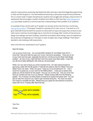 tools for measurement, practicing new leadership skills, learning a new technology like programming
or CAD, and the list goes on. The claim/evidence/reasoning or persuasive essay format (sometimes
this is a movie made in Explain Everything for students that struggle with writing) is only one form of
assessment that encourages a student to defend and reﬂect on their learning. Public showcase of
work also allows students to communicate their understanding of their problem to an audience.
An example of how I do this with my 5th
graders can be seen at the end of the four month long
“spring hard problem.” The project is based on a prompt of 3-5 rules, such as: 1) Do work on a 75
gram steel ball (move the ball from position A to B) 2) with an input and output that connects to two
other teams’ machines 3) and bridges two or more forms of energy. After months of trial and error,
design and redesign and team building, I knew that my students were having a very rich experience,
but accessing it and getting out in the open or even on paper was a huge challenge. That’s when I
decided to start looking at self-assessments.
Here is the ﬁrst one I presented to my 5th
graders:
Meaningful Making: Projects and Inspirations for FabLabs and Makerspaces Page 56
 