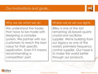 Company Confidential #BlileyTakesYouFurther
What we’re known for…
Space qualified
quartz crystals
Our glass vacuum
sealed BG61 is
currently one the
most stable
oscillator in the
universe.
Flying on the New
Horizons
spacecraft, Bliley‘s
BG61 is currenly
over 4.5 billion
(with a ‘B‘) miles
away.
Dear Phase-Noise,
Prepare to be
eliminated.
Sincerely,
Bliley Tech
We design and
manufacture ultra-
low phase noise
oscillators, and it
all starts with our
ability to craft
quartz crystal
resonators with
astonishing quality.
Truly customizable
Want an ovenized
oscillator at
31.238MHz, with a
best-in-class
phase-noise, and
great crystal aging
performance?
Need a transducer
cut to application
specific
dimensions?
We're up for the
challenge.
Turning tubulence
into clear skies.
Vibration makes it
difficult for in-flight
Wi-Fi systems to
remain locked on
the satellite. By
reducing the
acceleration
sensitivity, we’re
enabling higher
speed
connections and
more simultaneous
users.
Hi-rel Crystals True customizationHigh Shock/VibeLow Phase Noise
 
