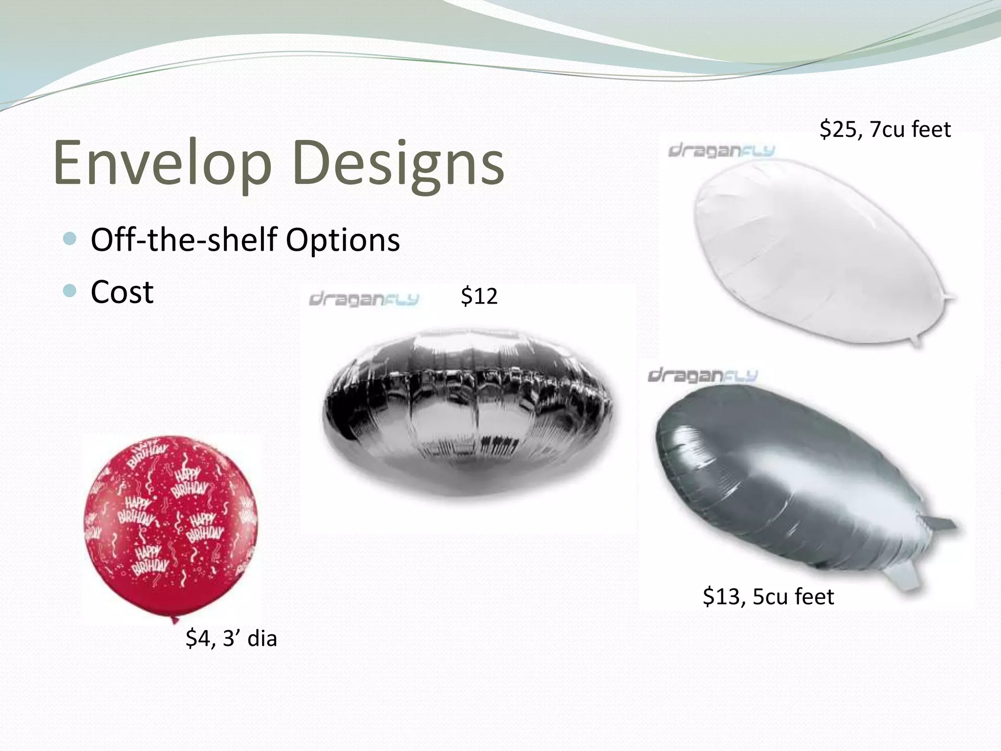 Envelop DesignsOff-the-shelf OptionsCost$25, 7cu feet$12$13, 5cu feet$4, 3’ dia