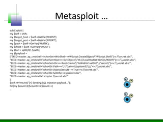 Metasploit …
sub Exploit {
my $self = shift;
my $target_host = $self->GetVar('RHOST');
my $target_port = $self->GetVar('RP...