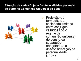  Proibição da
formação de
sociedade limitada
entre cônjuges
casados sob o
regime da
comunhão universal
de bens e da
separação
obrigatória e a
desconsideração da
personalidade
jurídica
Situação de cada cônjuge frente as dívidas pessoais
do outro na Comunhão Universal de Bens
111
 