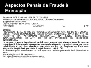 Aspectos Penais da Fraude à
Execução
Processo: ACR 9256 MG 1998.38.00.009256-6
Relator(a): DESEMBARGADOR FEDERAL CÂNDIDO RIBEIRO
Julgamento: 09/08/2005
Órgão Julgador: TERCEIRA TURMA
Publicação: 02/09/2005 DJ p.40
Ementa
PROCESSO PENAL. CRIME DE FRAUDE À EXECUÇÃO. ART. 179 DO CP. QUEIXA-
CRIME. PRAZO DECADENCIAL. OCORRÊNCIA. CONTAGEM. DATA DO ATO DE
REGISTRO DA ALTERAÇÃO CONTRATUAL NA JUNTA COMERCIAL.
INAPLICABILIDADE DO ART. 103 DO CP. INTERESSE EM RECORRER.
INEXISTÊNCIA.
I - In casu, o prazo decadencial de 06 (seis) meses para oferecimento da queixa-
crime teve início quando do registro do ato de alteração contratual, uma vez que a
publicidade é um dos objetivos previstos na Lei de Registro de Empresas
Mercantis. Inaplicável, portanto, à espécie o art. 103 do CP.
II - Falece à parte interesse em recorrer quando a decisão guerreada lhe foi favorável in
totum.
III - Apelação da CEF desprovida.
IV - Apelação dos acusados não conhecida.
13
 