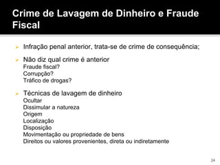  Infração penal anterior, trata-se de crime de consequência;
 Não diz qual crime é anterior
Fraude fiscal?
Corrupção?
Tráfico de drogas?
 Técnicas de lavagem de dinheiro
Ocultar
Dissimular a natureza
Origem
Localização
Disposição
Movimentação ou propriedade de bens
Direitos ou valores provenientes, direta ou indiretamente
Crime de Lavagem de Dinheiro e Fraude
Fiscal
24
 