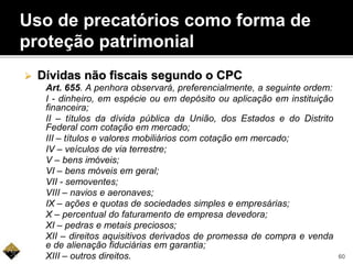  Dívidas não fiscais segundo o CPC
Art. 655. A penhora observará, preferencialmente, a seguinte ordem:
I - dinheiro, em espécie ou em depósito ou aplicação em instituição
financeira;
II – títulos da dívida pública da União, dos Estados e do Distrito
Federal com cotação em mercado;
III – títulos e valores mobiliários com cotação em mercado;
IV – veículos de via terrestre;
V – bens imóveis;
VI – bens móveis em geral;
VII - semoventes;
VIII – navios e aeronaves;
IX – ações e quotas de sociedades simples e empresárias;
X – percentual do faturamento de empresa devedora;
XI – pedras e metais preciosos;
XII – direitos aquisitivos derivados de promessa de compra e venda
e de alienação fiduciárias em garantia;
XIII – outros direitos.
Uso de precatórios como forma de
proteção patrimonial
60
 