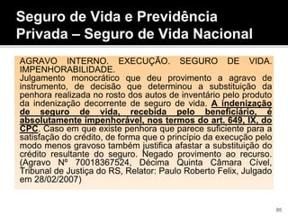 Seguro de Vida e Previdência
Privada – Seguro de Vida Nacional
AGRAVO INTERNO. EXECUÇÃO. SEGURO DE VIDA.
IMPENHORABILIDADE.
Julgamento monocrático que deu provimento a agravo de
instrumento, de decisão que determinou a substituição da
penhora realizada no rosto dos autos de inventário pelo produto
da indenização decorrente de seguro de vida. A indenização
de seguro de vida, recebida pelo beneficiário, é
absolutamente impenhorável, nos termos do art. 649, IX, do
CPC. Caso em que existe penhora que parece suficiente para a
satisfação do crédito, de forma que o princípio da execução pelo
modo menos gravoso também justifica afastar a substituição do
crédito resultante do seguro. Negado provimento ao recurso.
(Agravo Nº 70018367524, Décima Quinta Câmara Cível,
Tribunal de Justiça do RS, Relator: Paulo Roberto Felix, Julgado
em 28/02/2007)
85
 