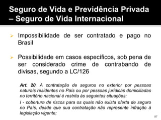 Seguro de Vida e Previdência Privada
– Seguro de Vida Internacional
 Impossibilidade de ser contratado e pago no
Brasil
 Possibilidade em casos específicos, sob pena de
ser considerado crime de contrabando de
divisas, segundo a LC/126
Art. 20. A contratação de seguros no exterior por pessoas
naturais residentes no País ou por pessoas jurídicas domiciliadas
no território nacional é restrita às seguintes situações:
I - cobertura de riscos para os quais não exista oferta de seguro
no País, desde que sua contratação não represente infração à
legislação vigente;
87
 