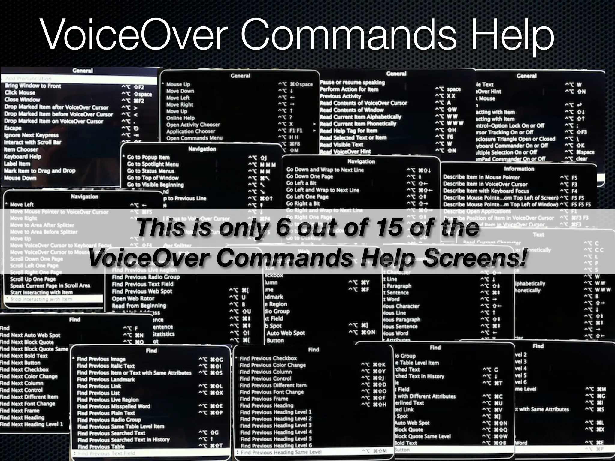 VoiceOver Commands Help



      This is only 6 out of 15 of the
  VoiceOver Commands Help Screens!
 
