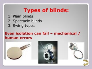 Types of blinds:
1. Plain blinds
2. Spectacle blinds
3. Swing types
22
Even isolation can fail – mechanical /
human errors
 