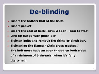  Insert the bottom half of the bolts.
 Insert gasket.
 Insert the rest of bolts leave 2 open- east to west
 Line up flange with pinch bar
 Tighten bolts and remove the drifts or pinch bar.
 Tightening the flange - Chris cross method.
 The bolt must have an even thread on both sides
of a minimum of 3 threads, when it’s fully
tightened.
29
De-blinding
 