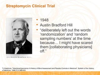 Streptomycin Clinical Trial
• 1948
• Austin Bradford Hill
• “deliberately left out the words
‘randomization’ and ‘random
sampling numbers’ at the time
because… I might have scared
them [collaborating physicians]
off.”
TJ Kaptchuk, "Intentional Ignorance: A History of Blind Assessment and Placebo Controls in Medicine", Bulletin of the History
of Medicine. 1998;72.3:389-433
 