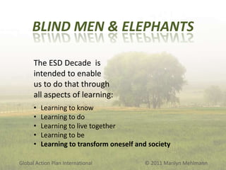 BLIND MEN & ELEPHANTS
The ESD Decade is
intended to enable
us to do that through
all aspects of learning:
•
•
•
•
•

Learning to know
Learning to do
Learning to live together
Learning to be
Learning to transform oneself and society

Global Action Plan International

© 2011 Marilyn Mehlmann

 