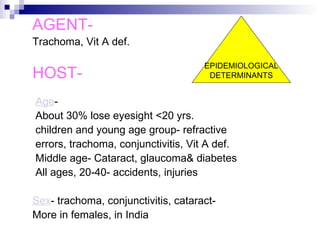 AGENT-   Trachoma, Vit A def.  HOST-   Age -  About 30% lose eyesight <20 yrs. children and young age group- refractive errors, trachoma, conjunctivitis, Vit A def. Middle age- Cataract, glaucoma& diabetes All ages, 20-40- accidents, injuries Sex - trachoma, conjunctivitis, cataract- More in females, in India EPIDEMIOLOGICAL  DETERMINANTS 