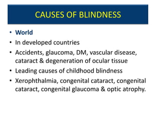CAUSES OF BLINDNESS
• World
• In developed countries
• Accidents, glaucoma, DM, vascular disease,
  cataract & degeneration of ocular tissue
• Leading causes of childhood blindness
• Xerophthalmia, congenital cataract, congenital
  cataract, congenital glaucoma & optic atrophy.
 