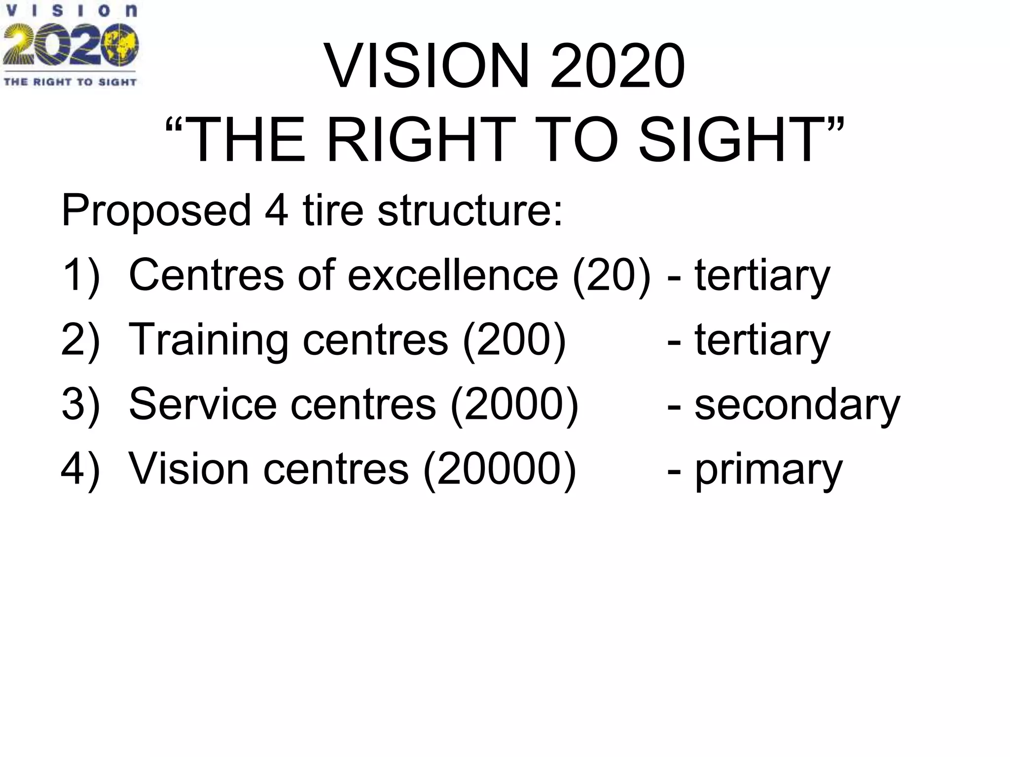 VISION 2020
“THE RIGHT TO SIGHT”
Proposed 4 tire structure:
1) Centres of excellence (20) - tertiary
2) Training centres (200) - tertiary
3) Service centres (2000) - secondary
4) Vision centres (20000) - primary
 