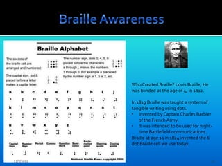 Who Created Braille? Louis Braille, He
            was blinded at the age of 4, in 1812.

            In 1819 Braille was taught a system of
            tangible writing using dots.
            • Invented by Captain Charles Barbier
                of the French Army.
            • It was intended to be used for night-
                time Battlefield communications.
            Braille at age 15 in 1824 invented the 6
            dot Braille cell we use today.


12/7/2011                                            14
 