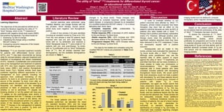 The utility of “blind” 131I treatments for differentiated thyroid cancer:
an educational exhibit.
Elboga U1, Orquiza M2, Van Nostrand D2, Celen YZ1, Aktolun C3, Chao M4, Guan H5
1Department of Nuclear Medicine, Gaziantep University School of Medicine, Gaziantep, Turkey
2Division of Nuclear Medicine, Department of Medicine, MedStar Washington Hospital Center, Washington, D.C.
3Department of Radiology, Stanford University, Stanford, CA
4Department of Nuclear Medicine, Affiliated XinHua Hospital of Medical School Shanghai Jiaotong University, Shanghai, P.R. China
5Department of Endocrinology, The First Hospital of China Medical University, Shenyang, Liaoning, P.R. China
Abstract
Conclusion
Learning Objectives:
The objectives of this educational exhibit are to
review the literature regarding the utility of 131I
“blind” therapy, which is the 131I treatment of
patients with negative whole body scans (WBS)
and positive thyroglobulin (Tg) blood levels for
1. Assessing Tg rate of change,
2. Classifying the change using a modified
RECIST Criteria 1.1
3. Comparing outcome measures of the treated
and untreated groups
Summary: 131I is an important treatment modality
for patients with differentiated thyroid cancer
(DTC), and 131I has been documented as having
utility for remnant ablation, adjuvant treatment and
treatment of locoregional and distant metastases
of DTC. However, a problematic and controversial
area is the management and treatment of patients
with DTC who have negative radioiodine whole
body scans (WBC-) and positive thyroglobulin
blood levels (Tg+). Multiple articles have been
published regarding different approaches to the
management of such patients including he
spectrum from continued monitoring of the
patient’s Tg level to an extensive search for the
source of the elevated Tg level. Even after an
extensive search, the source of the elevated Tg is
frequently not identified, and the managing
physician or team of physicians must decide
whether or not to administer 131I despite not
knowing whether or not the patient will have any
131I uptake on the post-therapy scan and/or a
clinical response from the 131I therapy, a so called
“blind” therapy. As a result of the above, the
objective of this educational exhibit is to present a
review of the literature regarding the utility of
“blind” 131I therapy in the management of patients
with DTC who have a positive Tg level and
negative radioiodine whole body scan.
Literature Review
Journal searches were performed using
PubMed, Medline, and Google Scholar with the
key phrases: “blind” therapy, thyroid
cancer, whole body scan negative, and
thyroglobulin positive.
A total of nine articles [1-9] were identified
including an excellent review by Chao et al. [10].
From the nine articles a total 62 patients were
reported who had pre and post-therapy Tg
levels with no Tg antibodies and received a
“blind” therapeutic dose of 131I and a total of 112
patients with pre- and post-therapy Tg levels
with no Tg antibodies and no “blind” therapeutic
dose of 131I. Not all articles reported their
demographics, but the available demographics
are shown in Table 1.
changes in Tg blood levels. These changes were
categorized as complete response, partial
response, stable disease, or progressive disease by an
adaptation of a modified anatomical RECIST criteria 1.1
to a clinical laboratory test, which were:
•Complete response (CR): undetectable Tg
(1<ng/ml) on suppression,
•Partial response (PR): a decrease of >30% relative
to the pre-therapy Tg blood level,
•Stable response (SR): <20% increase and <30%
decrease relative to the pre-therapy Tg blood level,
•Progressive disease (PD): >20% increase relative
to the pre-therapy Tg blood level.
Treated
(N=62)
Untreated
(N=112)
Complete response (CR) 2/62 (3.2%)
50/112(44.6%)
(see footnote)
Partial response (PR) 37/62 (59.7%) 6/112(5.4%)
Stable disease (SD) 15/62 (24.2%) 30/112(26.8%)
Progressive disease
(PD)
8/62(12.9%) 26/112(23.2%)
Table 2
Comparison Between Treated and Untreated*
Graph 1
Comparison Between Treated and Untreated
Treated
(N=62)
Untreated
(N=112)
Gender (M/F)* 11/19 29/31
Age range (yrs) 22-69 25-62
Cancer type*
Papillary
Hürthle
Follicular
Tall Cell
39
3
2
2
60
0
0
0
“Blind” therapeutic dose
range (GBq)
2.8-11 0
Post therapy follow up
time
7 mos-6 yrs 1-4 yrs
Discussion
Table 1
Demographics*
References
*Available data
2/62
37/62
15/62
8/62
50/112
6/112
30/112
26/112
0%
10%
20%
30%
40%
50%
60%
CR PR SD PD
Treated
Untreated
1. De Keizer B, Koppeschaar HP, Zelissen PM, et al. Efficacy of high
therapeutic doses of iodine-131 in patients with differentiated thyroid cancer
and detectable serum thyroglobulin. Eur J Nucl Med 2001;28:198-202.
2. Pineda JD, Lee T, Ain K, et al. Iodine-131 therapy for thyroid cancer
patients with elevated thyroglobulin and negative diagnostic scan. J Clin
Endocrinol Metab 1995;80:1488-1492.
3. Pacini F, Lippi F, Formica N, et al. Therapeautic doses of iodine-131 reveal
undiagnosed metastases in thyroid cancer patients with detectable serum
thyroglobulin levels. J Nucl Med 1987;28:1888-1891.
4. Kabasakal L, Selcuk NA, Shafipour H, et al. Treatment of iodine-negative
thyroglobulin-positive thyroid cancer: differences in outcome in patients with
macrometastases and patients with micrometastases. Eur J Nucl Med Mol Imag
2004;31:1500-1504.
5. Pachucki J, Burmeister LA. Evaluation and treatment of persistent
thyroglobulinemia in patients with well-differentiated thyroid cancer. Eur J
Endocrinol 1997;137:254-261.
6. Koh JM, Kim ES, Ryu JS, et al. Effects of therapeutic doses of 131I in thyroid
papillary carcinoma patients with elevated thyroglobulin level and negative 131I
whole-body scan: comparative study. Clin Endocrinol 2003;58:421-427.
7. Pacini L, Agate R, Elisei M. Outcome of differentiated thyroid cancer with
detectable serum Tg and negative 131I whole body scan: comparison of patients
treated with high 131I activities versus untreated patients. J Clin Endocrinol
Metab 2001;86:4092-4097.
8. Tian R, Pan M, Kuang A. Evaluation of 131I therapy for differentiated thyroid
carcinoma patients with elevated Tg and negative 131I whole body scan. Chin J
Nucl Med 2003;23:27-28.
9. Alzahrani AS, Mohamed G, Al Shammary A, Aldasouqi S, Abdal Salam
S, Shoukri M. Long-term course and predictive factors of elevated serum
thyroglobulin and negative diagnostic radioiodine whole body scan in
differentiated thyroid cancer. J Endocrinol Invest 2005;28:540-546.
10. Chao M. Management of differentiated thyroid cancer with rising
thyroglobulin and negative diagnostic radioiodine whole body scan. Clin Oncol
2010;22:438-447.
11. Wells KJ, Moreau S, Shin YR, Van Nostrand D, Burman KD, Wartofsky L.
Positive (+) post-treatment (tx) scans after the radioiodine (RAI) tx of patients
who have well-differentiated thyroid cancer (WDTC), positive serum thyroglobulin
levels (TG+), and negative diagnostic (dx) RAI whole body scans (WBS-):
predictive values and frequency. J Nucl Med 2008;49(Suppl):238P.
In order to evaluate whether or not
patient outcomes were affected by “blind” 131I
therapies, articles initially proposed that these
therapies may have had an effect on the
patient’s outcome because as many as 64% of
patients who were treated with a “blind” 131I
therapy had a positive post-therapy radioiodine
scans [11]. However, although positive post-
therapy scans raise the possibility that a
significant radiation absorbed dose may have
been delivered to the DTC metastases, it does
not necessarily equate with a positive
outcome.
Subsequently and as noted in this
review, articles have evaluated the response of
Tg blood levels after a “blind” 131I therapy.
Although some practitioners' may use the
reported data to either support or argue
against the utility of “blind” 131I treatments, we
submitted that there are too many limitations in
these studies to make any conclusions or
recommendations. First, the complete
response rate in those patients who were
untreated included patients with decreasing
thyroglobulin blood levels. We would submit
that most physicians would not treat a patient
with decreasing Tg, and these patients should
not be included in a control group. Inclusion of
patients with stable Tg is more
problematic, but again we would submit that
many physicians would not necessarily treat
stable and mild elevations of Tg. The key
group is those patients with rising Tg blood
levels, and two additional factors are the rate
of rise and the absolute rise. These studies did
not adequately evaluate those additional
factors. . Additional limitations include low
numbers of patients, the use of a blood marker
(e.g. Tg) as the only parameter for
outcomes, no standard regarding the
significance of a change in Tg, and finally, no
meaningful data available regarding changes
Based on the present publications, we
do not believe that the controversy of the utility
of “blind” 131I therapies has been resolved.
To assess the outcomes of 131I “blind”
therapies, we recommend more
comprehensive studies, which should
preferably be prospective and involve at least
(1) selected absolute levels of Tg, (2) selected
rising levels of Tg per unit time period, and (3)
selected absolute increased levels of Tg per
time period, and (4) measurable lesions on
imaging studies.
* In most of the untreated patients, the trend of Tg levels
were not report and may have been rising, stable or
decreasing.
For those patients who had “blind” 131I
therapies performed, we tabulated the mean
(X), standard deviation (SD), and the range
(min/max) of the individual’s absolute changes in
Tg as well as the X, SD, and range of the percent
(%)
The data for the treated and untreated using the
modified RECIST criteria are presented in Table 2 and
Graph 1.
imaging studies such as ultrasound, computer
tomography, and/or magnetic resonance imaging.
 