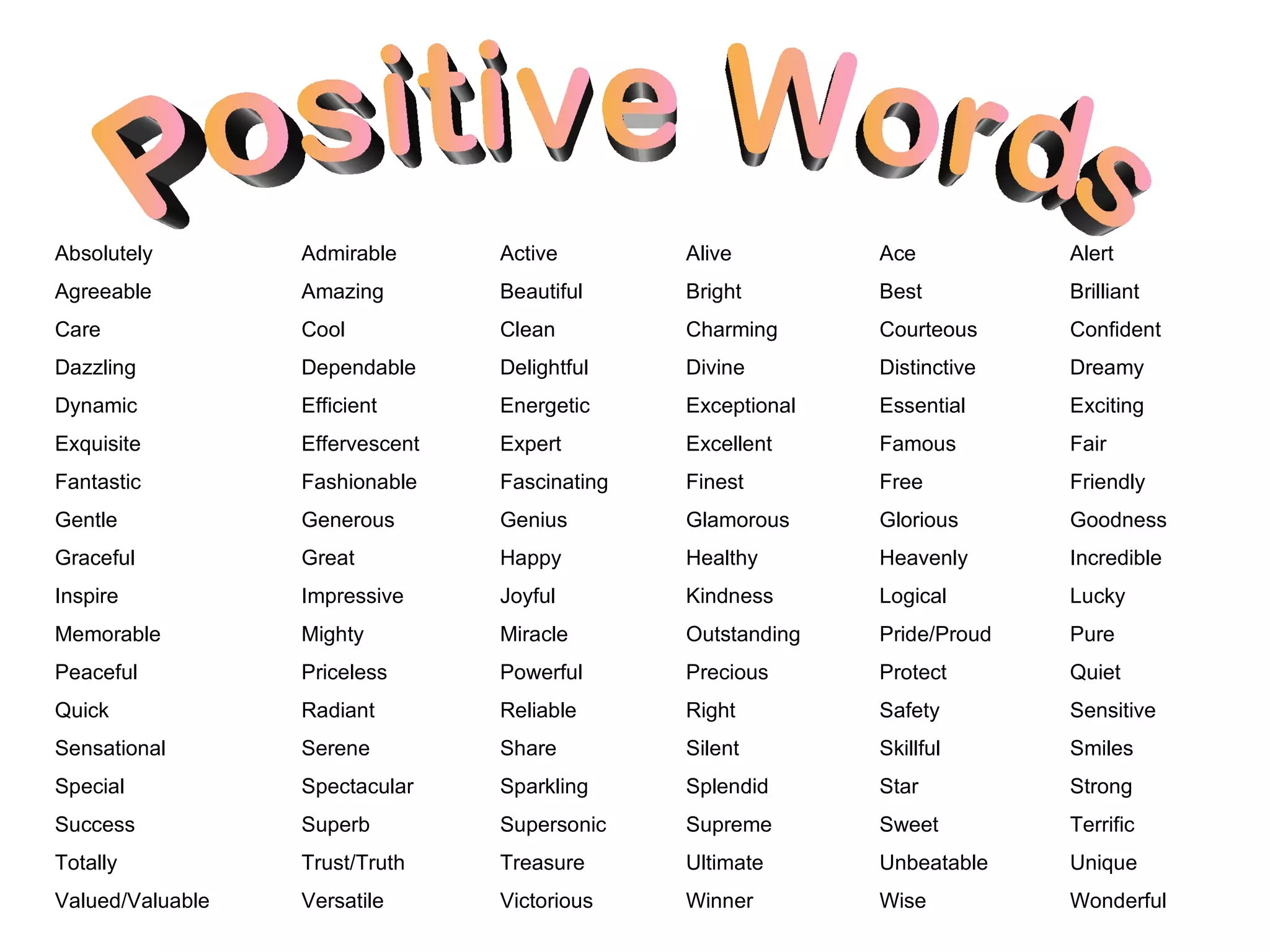 Absolutely Admirable Active Alive Ace Alert
Agreeable Amazing Beautiful Bright Best Brilliant
Care Cool Clean Charming Courteous Confident
Dazzling Dependable Delightful Divine Distinctive Dreamy
Dynamic Efficient Energetic Exceptional Essential Exciting
Exquisite Effervescent Expert Excellent Famous Fair
Fantastic Fashionable Fascinating Finest Free Friendly
Gentle Generous Genius Glamorous Glorious Goodness
Graceful Great Happy Healthy Heavenly Incredible
Inspire Impressive Joyful Kindness Logical Lucky
Memorable Mighty Miracle Outstanding Pride/Proud Pure
Peaceful Priceless Powerful Precious Protect Quiet
Quick Radiant Reliable Right Safety Sensitive
Sensational Serene Share Silent Skillful Smiles
Special Spectacular Sparkling Splendid Star Strong
Success Superb Supersonic Supreme Sweet Terrific
Totally Trust/Truth Treasure Ultimate Unbeatable Unique
Valued/Valuable Versatile Victorious Winner Wise Wonderful
 