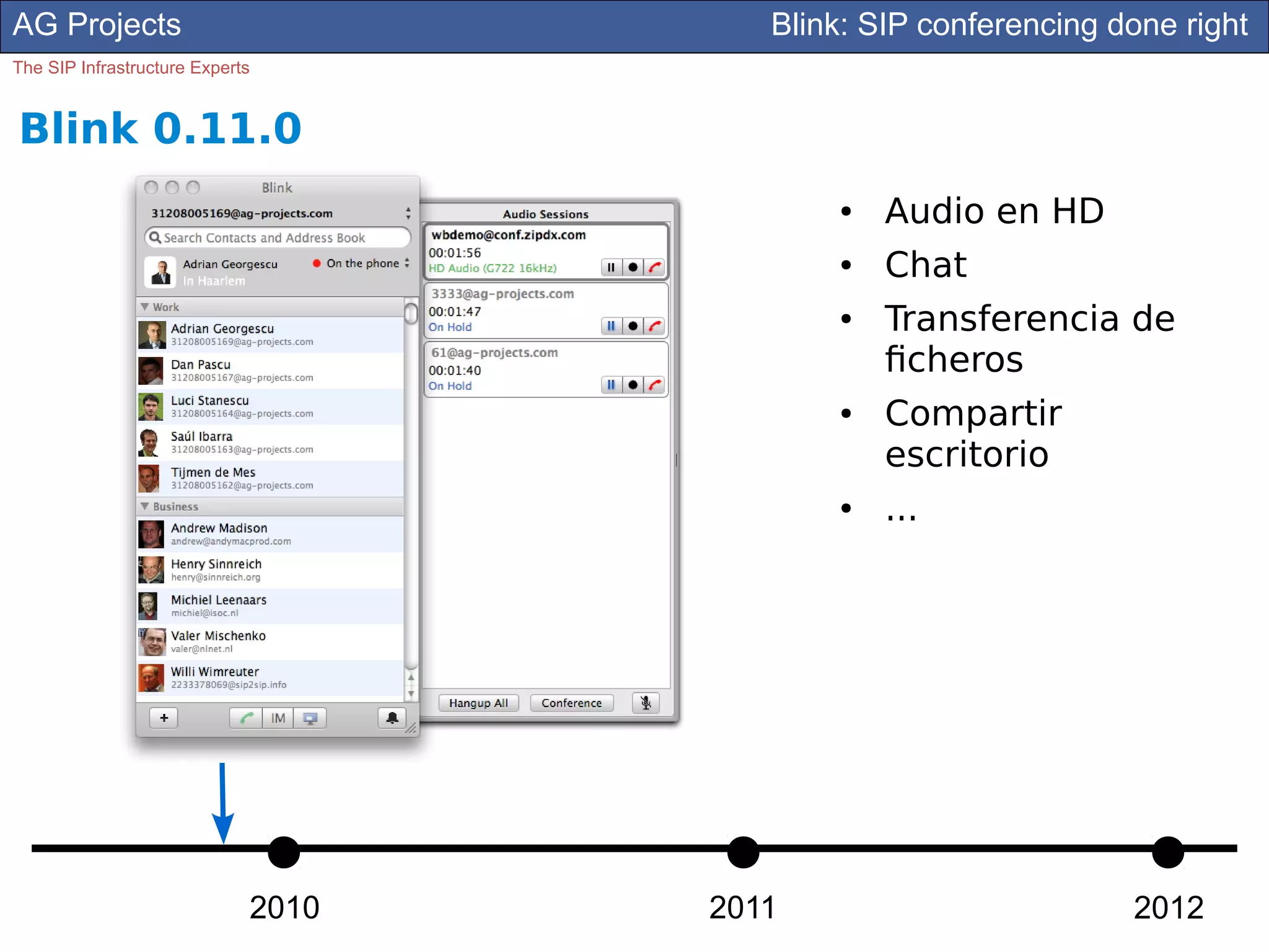 AG Projects                                Blink: SIP conferencing done right
The SIP Infrastructure Experts


Blink 0.11.0
                                               ●   Audio en HD
                                               ●   Chat
                                               ●   Transferencia de
                                                   ficheros
                                               ●   Compartir
                                                   escritorio
                                               ●   ...




                             2010      2011                         2012
                                    2011
 