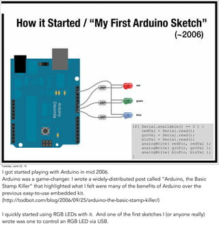 How it Started / “My First Arduino Sketch”
red
green
blue
if( Serial.available() == 3 ) {
redVal = Serial.read();
grnVal = Serial.read();
bluVal = Serial.read();
analogWrite( redPin, redVal );
analogWrite( grnPin, grnVal );
analogWrite( bluPin, bluVal );
}
(~2006)
Tuesday, June 23, 15
I got started playing with Arduino in mid 2006.
Arduino was a game-changer. I wrote a widely-distributed post called “Arduino, the Basic
Stamp Killer” that highlighted what I felt were many of the benefits of Arduino over the
previous easy-to-use embedded kit.
(http://todbot.com/blog/2006/09/25/arduino-the-basic-stamp-killer/)
I quickly started using RGB LEDs with it. And one of the first sketches I (or anyone really)
wrote was one to control an RGB LED via USB.
 
