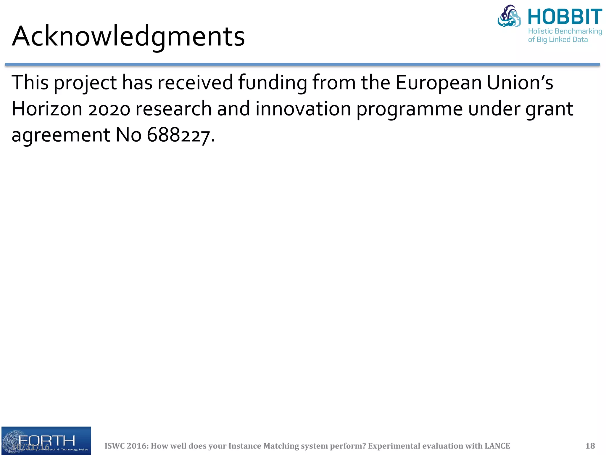 Acknowledgments	
This	project	has	received	funding	from	the	European	Union’s	
Horizon	2020	research	and	innovation	programme	under	grant	
agreement	No	688227.	
10/31/16	 ISWC	2016:	How	well	does	your	Instance	Matching	system	perform?	Experimental	evaluation	with	LANCE	 18	
 