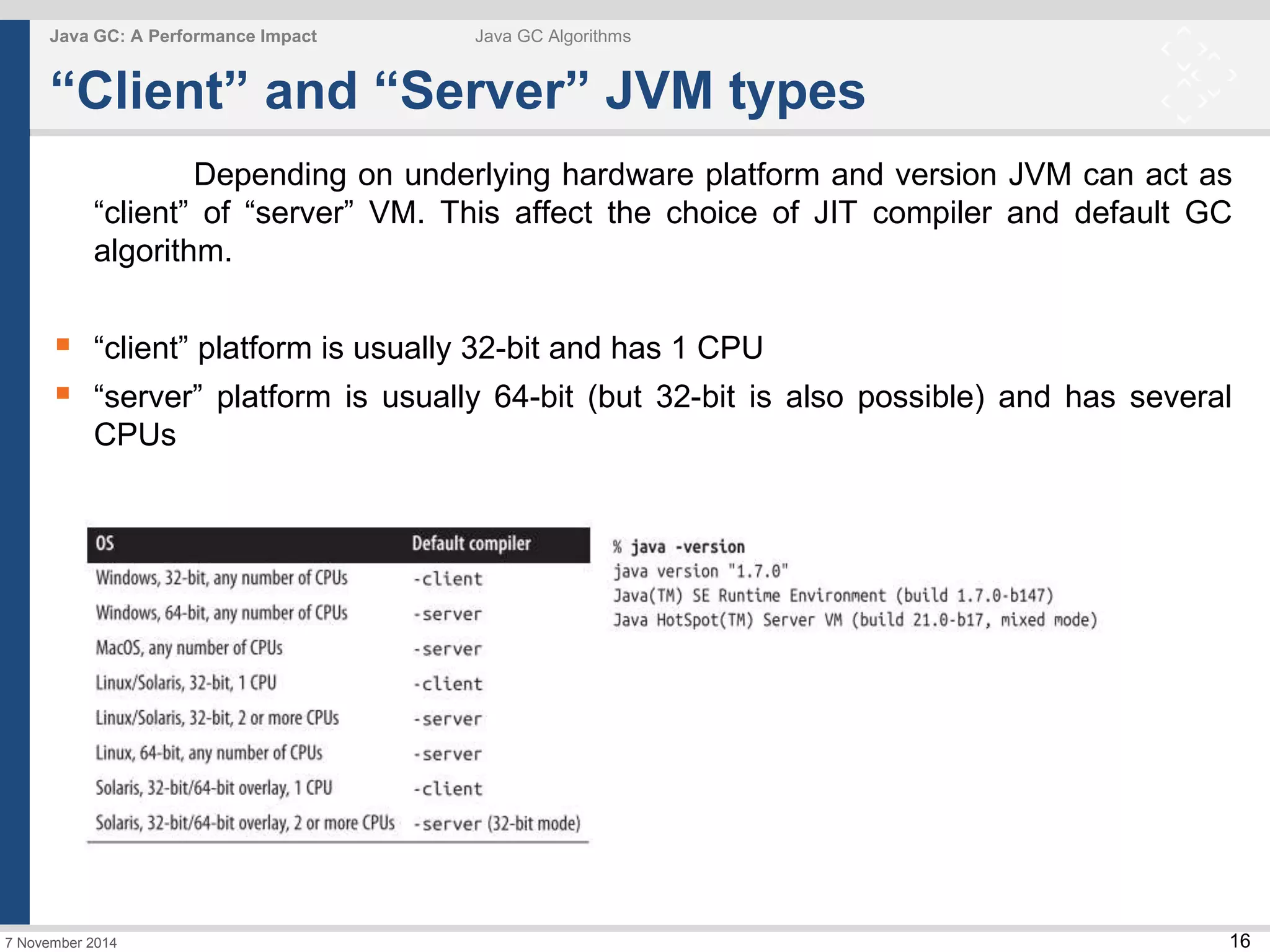 16 
Java GC: A Performance Impact Java GC Algorithms 
“Client” and “Server” JVM types 
7 November 2014 
Depending on underlying hardware platform and version JVM can act as 
“client” of “server” VM. This affect the choice of JIT compiler and default GC 
algorithm. 
 “client” platform is usually 32-bit and has 1 CPU 
 “server” platform is usually 64-bit (but 32-bit is also possible) and has several 
CPUs 
 