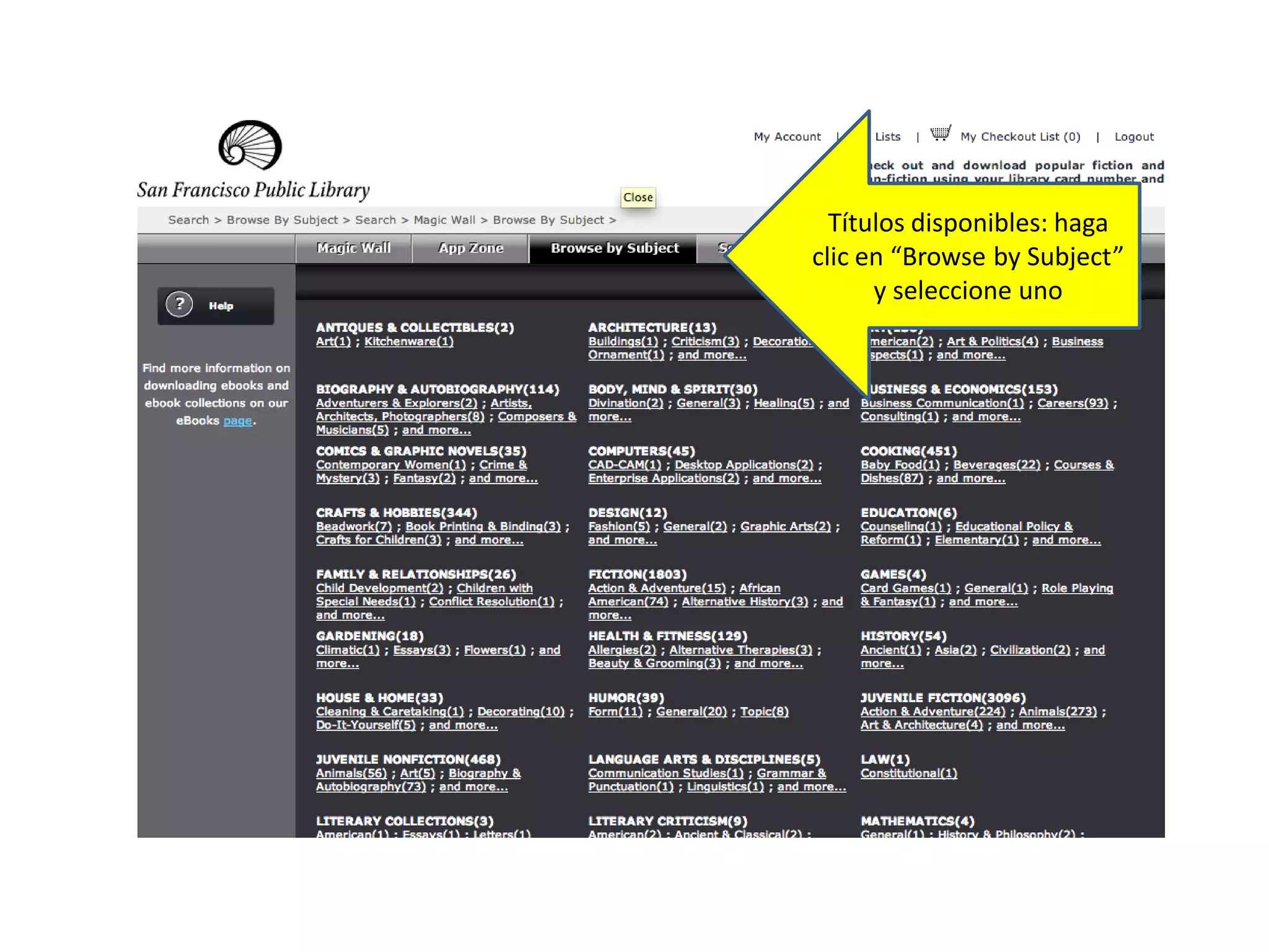 Títulos disponibles: haga
clic en “Browse by Subject”
y seleccione uno
 