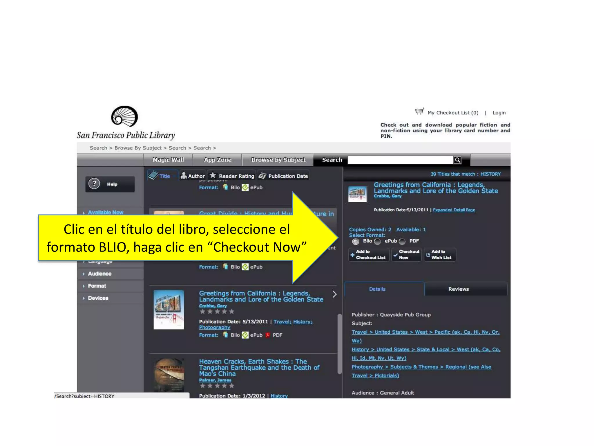 Clic en el título del libro, seleccione el
formato BLIO, haga clic en “Checkout Now”
 