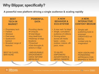 Why Blippar, specifically?
BEST
TECH IN
MARKET
POWERFUL
DATA
A NEW,
INTERACTIVE
CONTENT MEDIUM
A NEW
BEHAVIOR &
ECO-SYSTEM
•  A new verb “to blipp”
•  Single, cumulative
audience of millions
•  Driving action
across all media
types – press,
outdoor, instore, off-
pack, more
TO BLIPP;
EMPOWERS
ADVERTISERS &
MEDIA OWNERS
•  Simple self-
publishing tools to
empower
CREATIVES not
techies
•  Limited only by
imagination
NEW VISION AND
PIONEERING
APPROACH FOR
BRANDS & TECH
•  Proprietary tech
•  Fastest
•  Stickiest
•  Peel away
•  Qualcomm-
backed
•  Broadest range of
features
BEST IN CLASS,
BAR NONE
Providing clients:
• # Uniques
• # total blipps
• Avg dwell time
• Heatmap of blipp
locations
• Timechart
• Click throughs &
actions in blipp
1) MEASURABLE
ENGAGEMENT
2) ROI/ INFORM
MEDIA BUY
A powerful new platform driving a single audience & scaling rapidly
 