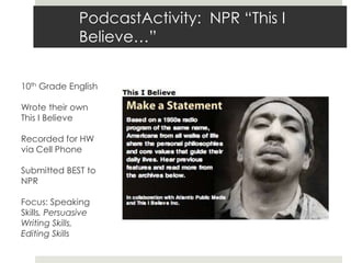 PodcastActivity:  NPR “This I Believe…”10th Grade EnglishWrote their own This I BelieveRecorded for HW via Cell PhoneSubmitted BEST to NPRFocus: Speaking Skills, Persuasive Writing Skills, Editing Skills