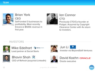 proprietary & conﬁdential12
TEAM
Brian York
CEO
Self-funded 3 businesses to
proﬁtability. Most recently
Encore.io $500k revenue in
ﬁrst year.
Bhavin Shah
CEO of Refresh (acquired LinkedIn)
Ian Connor
CTO
Previously CTO/Co-founder at
Pubget. Acquired by Copyright
Clearance Center with 4x return
to investors.
Mike Edelhart
Lead partner at Social Starts
Jun Li
Investor via BeyondSoft Ventures
INVESTORS
David Koehn
Oracle executive
 