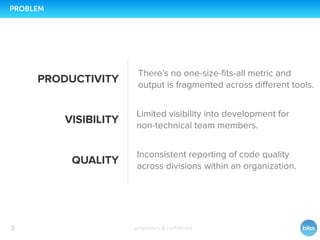 proprietary & conﬁdential3
PROBLEM
Limited visibility into development for
non-technical team members.
Inconsistent reporting of code quality
across divisions within an organization.
There’s no one-size-ﬁts-all metric and
output is fragmented across diﬀerent tools.
PRODUCTIVITY
VISIBILITY
QUALITY
 