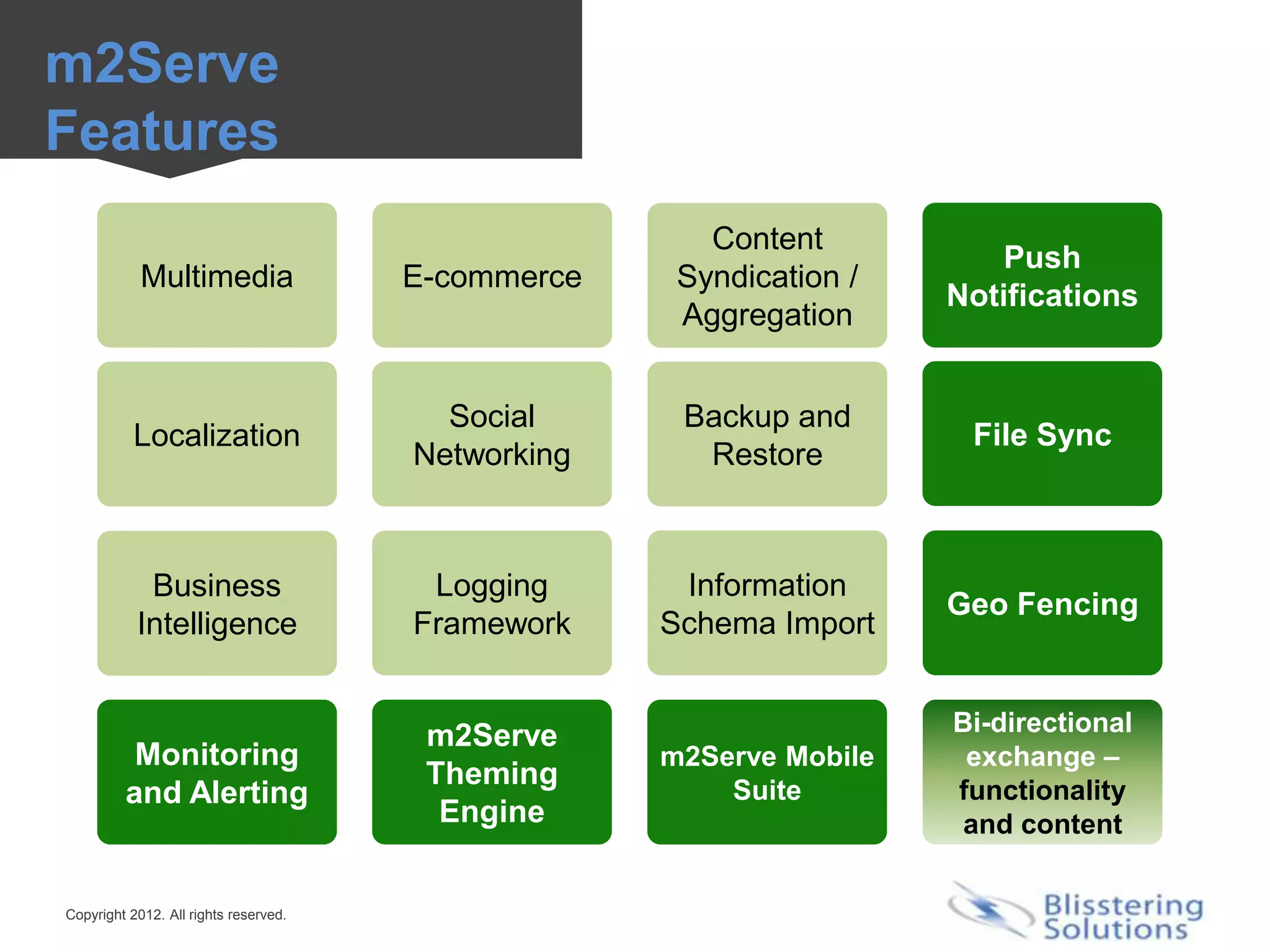 m2Serve
Features
                                                       Content
                                                                         Push
            Multimedia                 E-commerce    Syndication /
                                                                     Notifications
                                                     Aggregation


                                         Social      Backup and
           Localization                                               File Sync
                                       Networking     Restore



            Business                    Logging      Information
                                                                     Geo Fencing
           Intelligence                Framework    Schema Import


                                        m2Serve                      Bi-directional
          Monitoring                                m2Serve Mobile    exchange –
                                        Theming         Suite        functionality
         and Alerting
                                         Engine                       and content


Copyright 2012. All rights reserved.
 