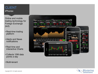 CLIENT
iPhorex

Online and mobile
trading technology for
Foreign Exchange
24/5:

• Real-time trading
  platform

• Alerts and News
  notifications

• Real time and
  interactive Charts

• Collects 10M data
  points a day

• Multi-tenant


Copyright 2012. All rights reserved.
 