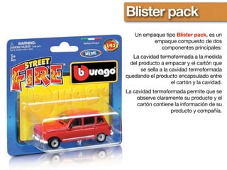 Blister pack
Un empaque tipo Blister pack, es un
empaque compuesto de dos
componentes principales:
La cavidad termoformada a la medida
del producto a empacar y el cartón que
se sella a la cavidad termoformada
quedando el producto encapsulado entre
el cartón y la cavidad.
La cavidad termoformada permite que se
observe claramente su producto y el
cartón contiene la información de su
producto y compañía.